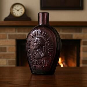 Vintage 1950s Amethyst Albany Glass Works Washington Mayflower Flask Bottle, 6”